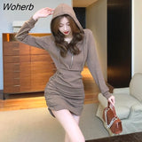 Sleeve Dress Women Slim Hip Above Knee Gentle Zipper Hooded Spring Autumn Solid Sexy Korean Style Casual Elegant Fashion-Outfit