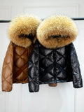 Winter Puffer Jacket Women Hooded 90% Duck Down Coat Short Female Shiny Glossy Feather Parkas Huge Real Raccoon