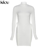Kliou Knitted Stitching Mini Dress Women Hipster Skinny Three-Dimensional Decoration Bodycon Long Sleeve Turtleneck