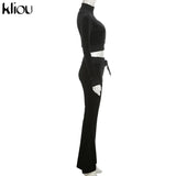 Kliou Solid Velour Two Piece Set Women Simple Casual Zipper Long Sleeve Turtleneck Top+Bandage Lace Slim Female Wide Leg