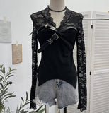 Shooting Babes V-Neck Lace Lace Splicing Belt Long Sleeve Design Irregular Short Bottom Top