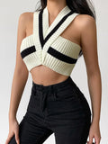 White V-neck Sleeveless Stripes Crop Top