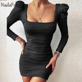 Square Neck Puff Sleeve Sexy Dress For Women 2020 Solid Basic Slim Wrap Ruched Mini Club Party Bodycon Women's