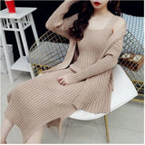 Women Knitted Cardigan And Dress Suits Mid-Calf Length Long Sleeve Strap Dress 2 Piece Female Knitted Sweater Set QT128-Outfit