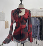 Hollow Tying With Low-Necked Bow Ribbon Dizzy Red Elastic Mesh T-Shirt Top