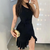 Women Sleeveless Leopard Printed Ruffles Dress Summer Fashion OL Homewear High Street Club Dress Plus Size