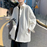 Harajuku Men Shirts Long Sleeve Cat Print White Loose Hong Kong Style Retro Autumn Thin Blouse Male Shirt Korean Fashion