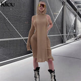 Kliou Knitted Dress Women Sexy See Through X-Long Hoody Tops+One Shoulder Drawstring Ruched Robe Skirt Hipster Future