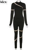Kliou Patchwork Mesh Two Piece Set Women Hot Punk Mock Neck Stripe Hollow Out Skinny Tops + Streetwear Sporty Female