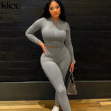 Kliou Solid Simple Two Piece Set Women Sheath Slim Casual Sporty Long Sleeve Zipper Top+Body-Shaping Female Activewear