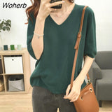 Women Half Sleeve T-shirts V-neck Solid Colorful Knitting Elegant Office Lady Simple Korean Style Females Soft Loose Tops Basic-Outfit