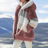 Women Jacket Coat Fashion Warm Plush Stitching Hooded Outwear Casual Zipper Plaid Loose Plus Size Ladies Parka Coat