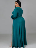 Romantic V-neck Full Sleeves Solid Slit Maxi Plus Size Long
