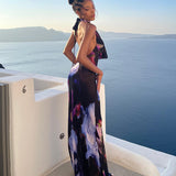 Women's Clothing 2025 New Digital Printing Sexy Hanging Collar Long Mid-Long Dress