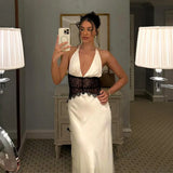 Summer New Women's Deep V-Dress Long Dress Lace Perspective Sexy Bodydress Dress
