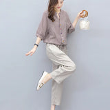 Suit Women 2025 Summer New Women's Version Of The Striped Top Nine Trousers Linen Two Sets Of