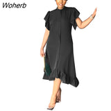 Casual Ruffled Shirt Dress Women Fashion Loose Solid Button Shirt Ruffled Dress Women-Outfit
