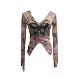 Shooting Amount Of Bumpy Tulle Spliced Denim Butterfly Design Sunscreen Coat V Collar Short T-Shirt