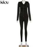 Kliou autumn new women hooded zipper pocket long sleeve tops sporty leggings matching set workout bodycon casual stretchy