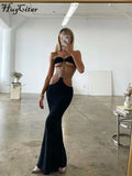 Pure Color Chain Halter Bandage Long Sleeve Backless Revealing Slim Maxi Dress 2021 Fall Women Fashion Elegant