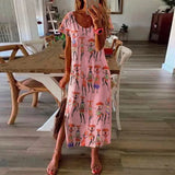 Summer Long Dress Women Casual Patchwork Bohemian Print Short Sleeves Dresses For Women V Neck Plus Size Dress Women