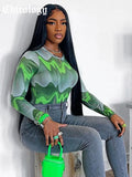 2023 Women Ripple Gradient Print Round Multi Long Sleeve Bodycon Skinny Thin Streetwear Fashion Bodysuits 703-0-Outfit