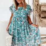Floral Print Dress 2021 Summer Causal Short Sleeve Ruffles Dresses Bohemian O Neck A-Line Loose Female Mini Dress