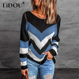 Winter Loose Casual Patchwork Sweater Women Round Neck Streetwear All-match Knitting Jumper Ladies Trend Pullover Top-Outfit