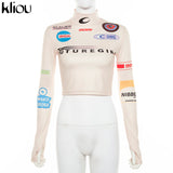 Kliou high quality fashion print bodycon soft tees crop top spring new long-sleeve casual elastic harajuku streetwear
