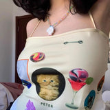 Y2k Aesthetics Camisole Japanese Harajuku Tank Top Fairycore Kawaii Cat Printed Cami Tops Irregular Cute Halter Tops