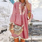 2021 Summer V Neck Tassel Beach Dress Spring Vintage Floral Print 3/4 Sleeve Party Dress Women Casual Loose A-Line Dress