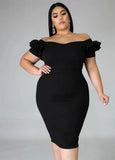 Elegant Plus Size Off Shoulder Ruffled Sleeve Bodycon Midi
