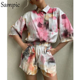 Tie Dye Print 2021 Lounge Wear Traksuit Women Summer Shorts Set Casual Plaid Shirt Tops And Mini Shorts Two Piece