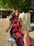 Women Vintage Print High Waist Slit Skirt Suit Elegant O-neck Short Sleeves Cropped Top Set 2024 New Summer Lady Chic Streetwear-Outfit