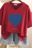 100% Cotton L-6XL T Shirt Plus Size Tshirt Short Sleeve Women Top Summer Heart Print Couple V Neck Oversized T Shirts-Outfit