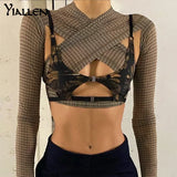 Sexy Party Night Club Hollow Out Tops Women Patchwork Personality Crossover Long sleeve Tops Casual Skinny