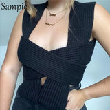 Fashion 2020 Winter Bandage Sexy Knitted Green Women Sweater Vest Off Shoulder Pullover Cropped Sweater Tops Jersey
