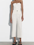 2023 Women Summer Wide Leg Pants Casual Solid High Waist Buttons Ankle-Length Pants Female Elegant Street Trousers-Outfit