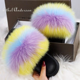 ANERSON Real Fox Raccoon Fur Slippers for Women Fur Slides Flip Flops Beach Plush Fluffy Furry Designer Slippers