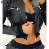 Autumn Women PU Leather Zipper Front Short Jacket 2022 Femme Patchwork Pocket Design Coat Lady Outfits Cool Clothing y2k-Outfit