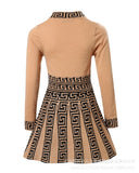 Print Long Sleeve Work Dress Women High Waist Spring Summer O Neck Fashion Mini Dress-Outfit