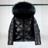 Winter Puffer Jacket Women Hooded 90% Duck Down Coat Short Female Shiny Glossy Feather Parkas Huge Real Raccoon Fur-Outfit
