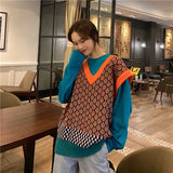 New Colorful Vests Women Fall Casual Loose V-neck Knit Pullovers Sleeveless Female Street Style Hit Color Knitted