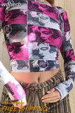 Graphic Print Green Mesh Sheer T-shirt Long Flare Sleeve Slim Crop Tops Sexy See Trough Women Tops Y2K Vintage Grunge-Outfit