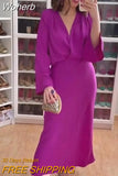 Solid Wrapped Satin Women Midi Dress Sexy Deep V Neck Loose Long Sleeve Maxi Dresses 2023 Female Evening Party Vestidos-Outfit