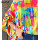 Women Multicolor Print Loose Top 2022 Femme Sexy One Shoulder Lantern Sleeve Colorblock Blouse Female y2k Chic Tunics-Outfit