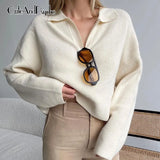 Solid Women's Sweaters Long Sleeves Casual Streetwear Vintage Knitwear Elegant Korean Turn-down Neck Cloth