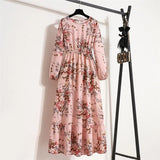 Autumn New Bohemian Floral Print Long Sleeve Waist Dress Women O Neck Loose Casual Beach Vestidos Holiday Robe Dresses-Outfit