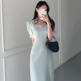 Korean Chic Summer New Style Feminine Vestidos Women Retro Gentle Wind Square Collar Solid Color Office Lady Split Long