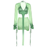 Kliou Hipster Y2K Two Piece Set Women Skirt Undefined Lengthen Ribbons Sexy Cleavage Top+Tie Dye Cut Out Slim Female